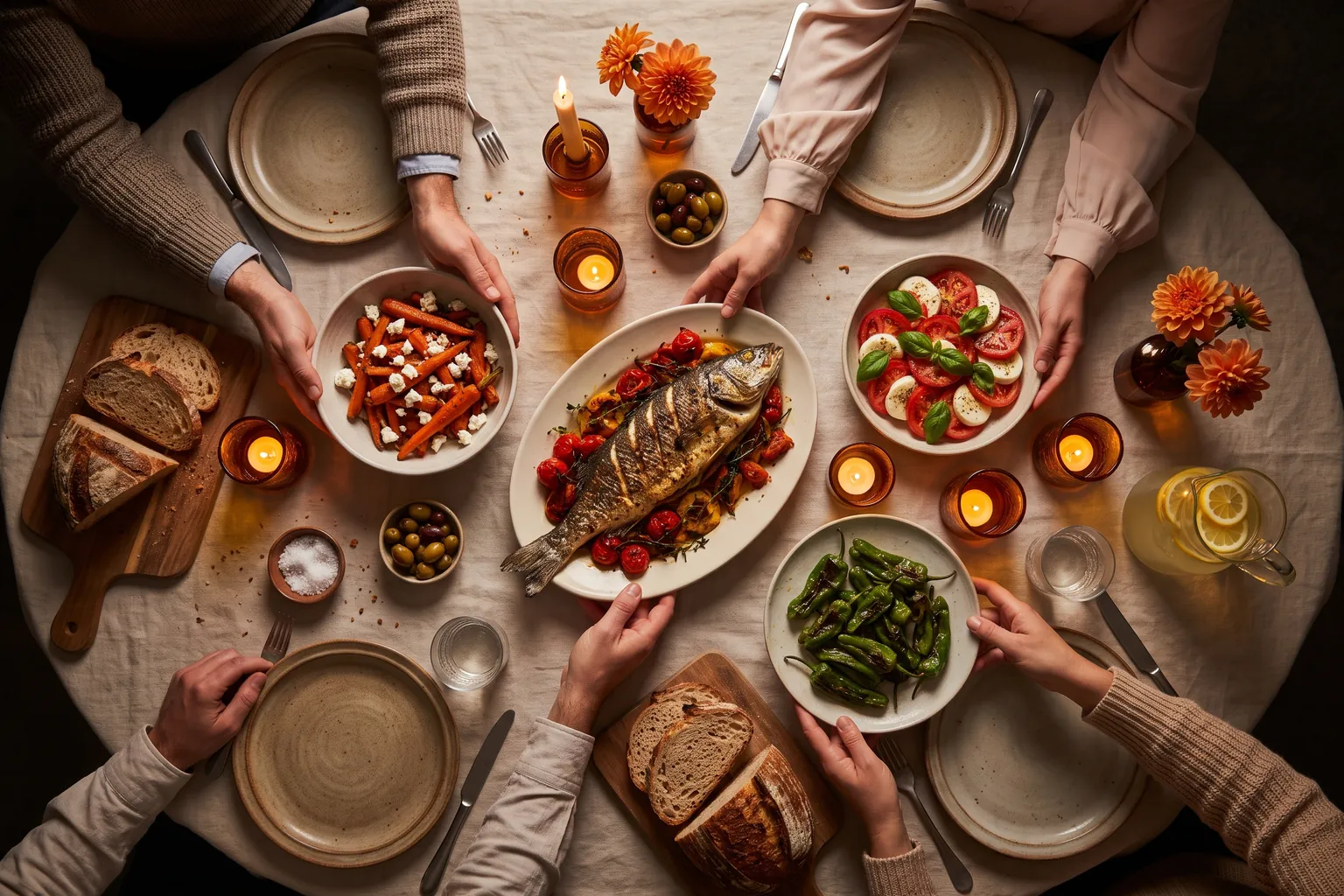 Sharing plates and bread around the table